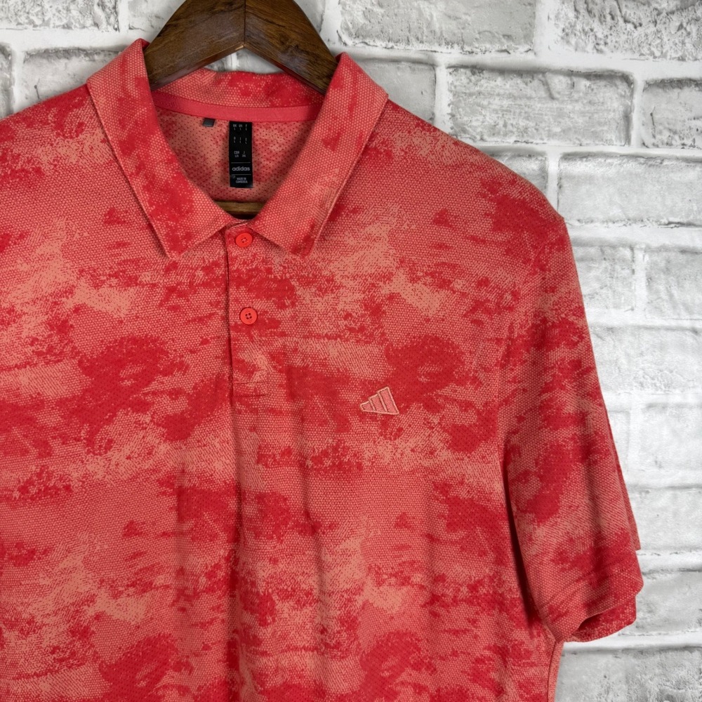 Adidas Mens Golf Polo Shirt Large Red Orange Abstract Camo Organic Cotton Blend